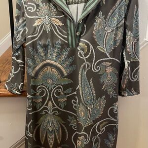 Gretchen Scott Designs Gray and Green Sheath Dress with Cuffed 3/4 Sleeves